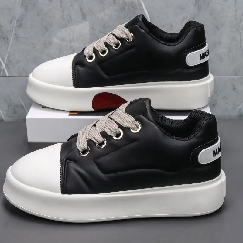 

2026 New Men's Platform Sneakers Black Leather Lace Up Casual Shoes Thick Bottom Sneakers