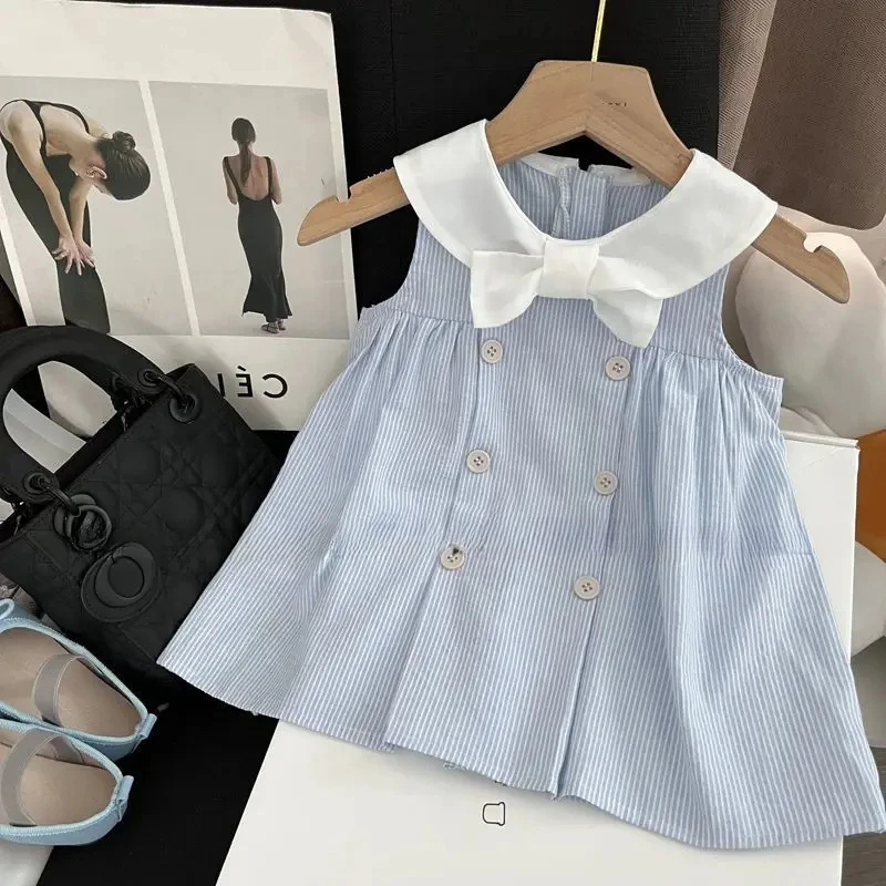 

Детские платья принцессы на день рождения для девочек, Vestidos, детская одежда, летнее платье для маленьких девочек 2025 года, хлопковое полосатое белое платье с воротником-бабочкой