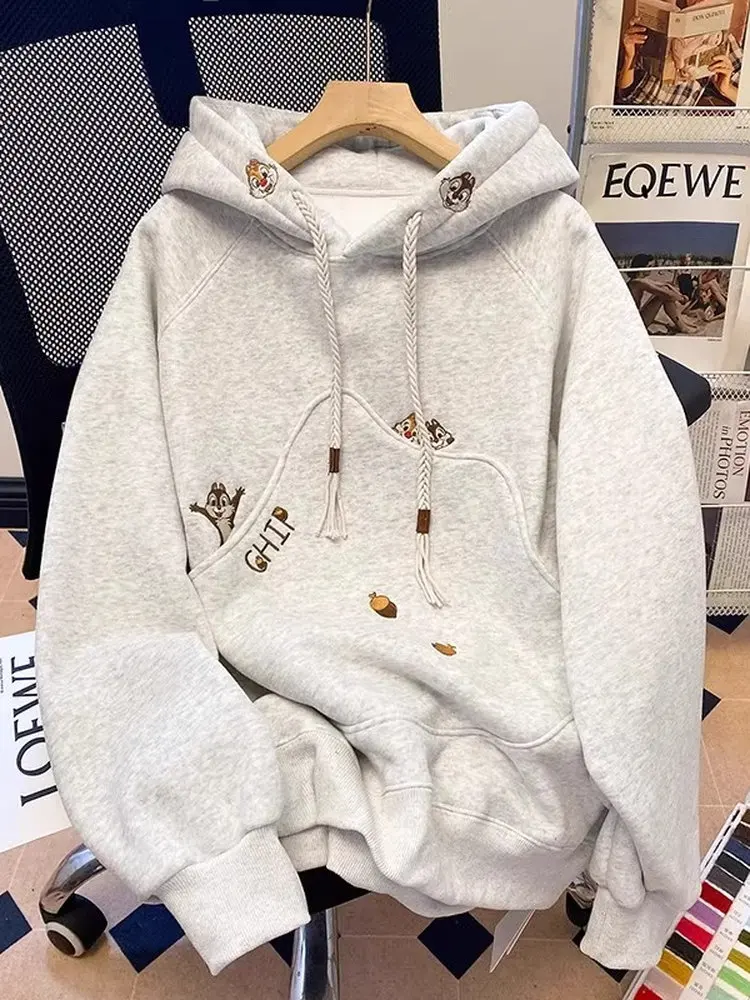 

Korean Sle Cartoon Embroidery Hoodie Women's Spring Autumn Winter Thiened Loose Lazy Sle High-End Feelings ey Jaet