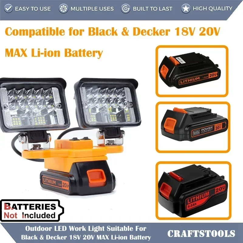 56W Portable Cordless Outdoor LED Work Light For Black & Decker 18V 20V MAX Li-ion Battery w/ USB (Not include battery)