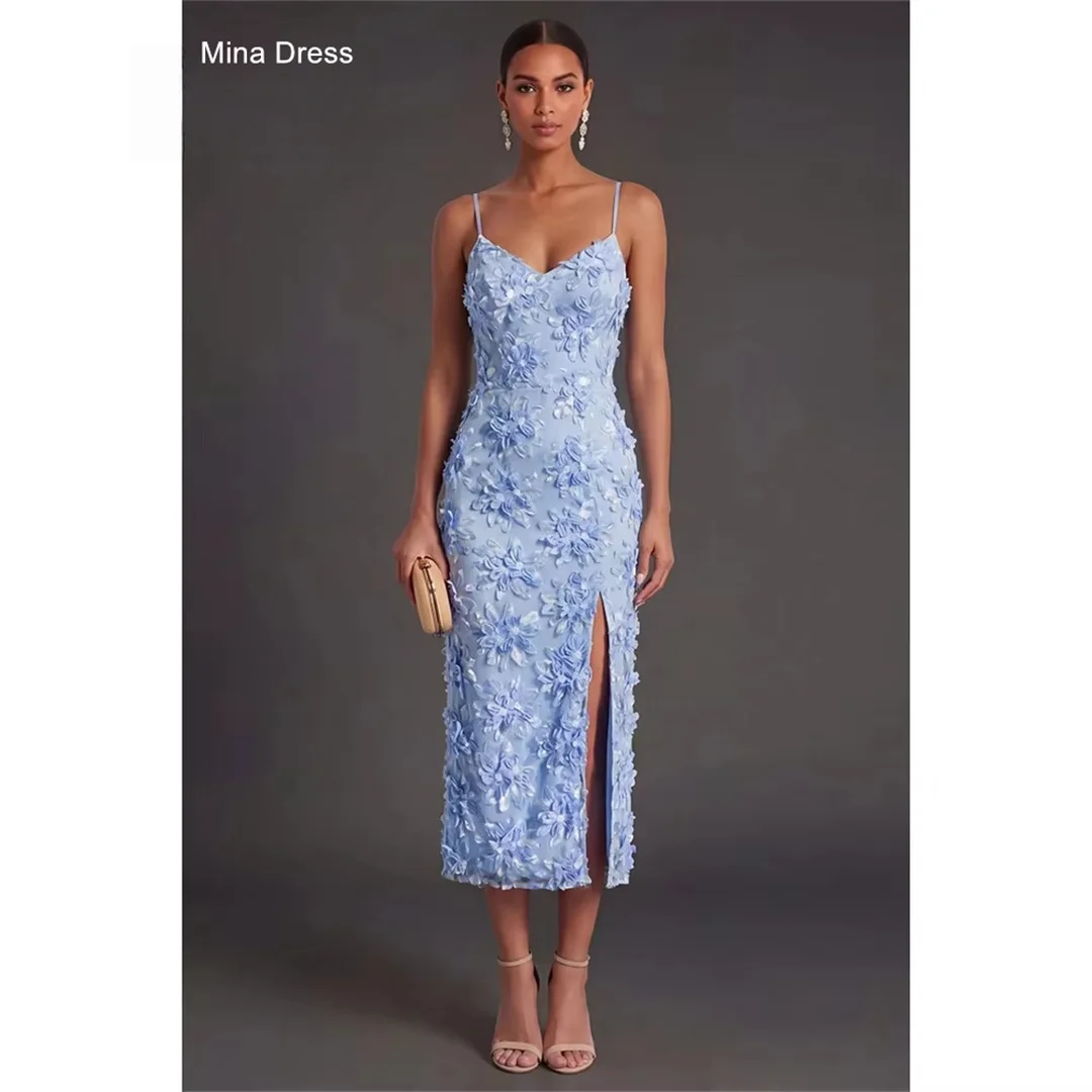 Mina Customized Light 3D Flower Heart Neck Slit Adjustable Shoulder Straps Backless Sleeveless Wedding Dress Luxury Dresses Long