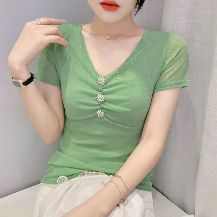 

Sexy V-neck Bright Silk Mesh Short-sleeved T-shirt