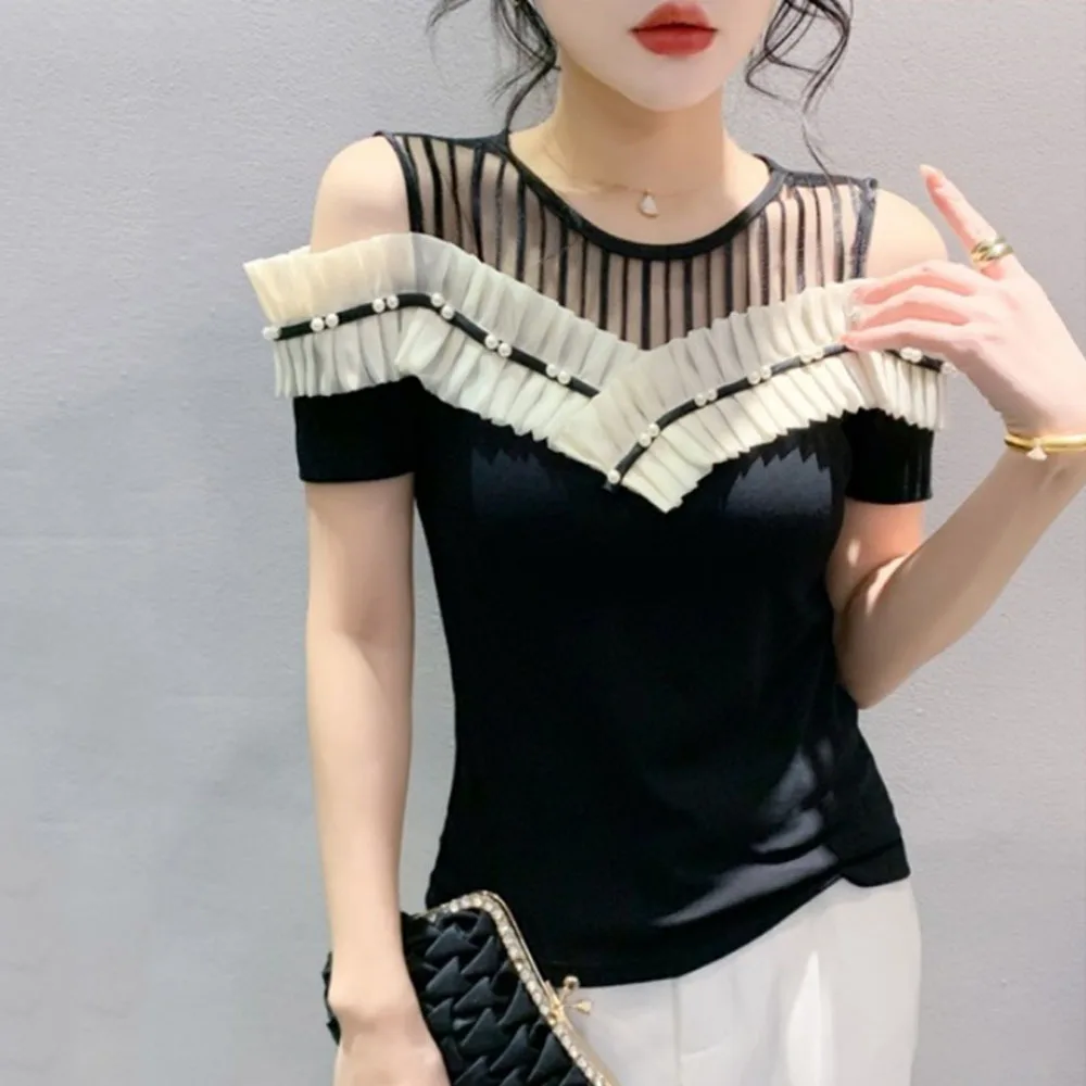 

Ruffles Beading Cotton T-shirt Girls Stretchy Short Sleeve Patched Mesh O Neck T Shirts Tops Women Sweet Tees Streetwear Female