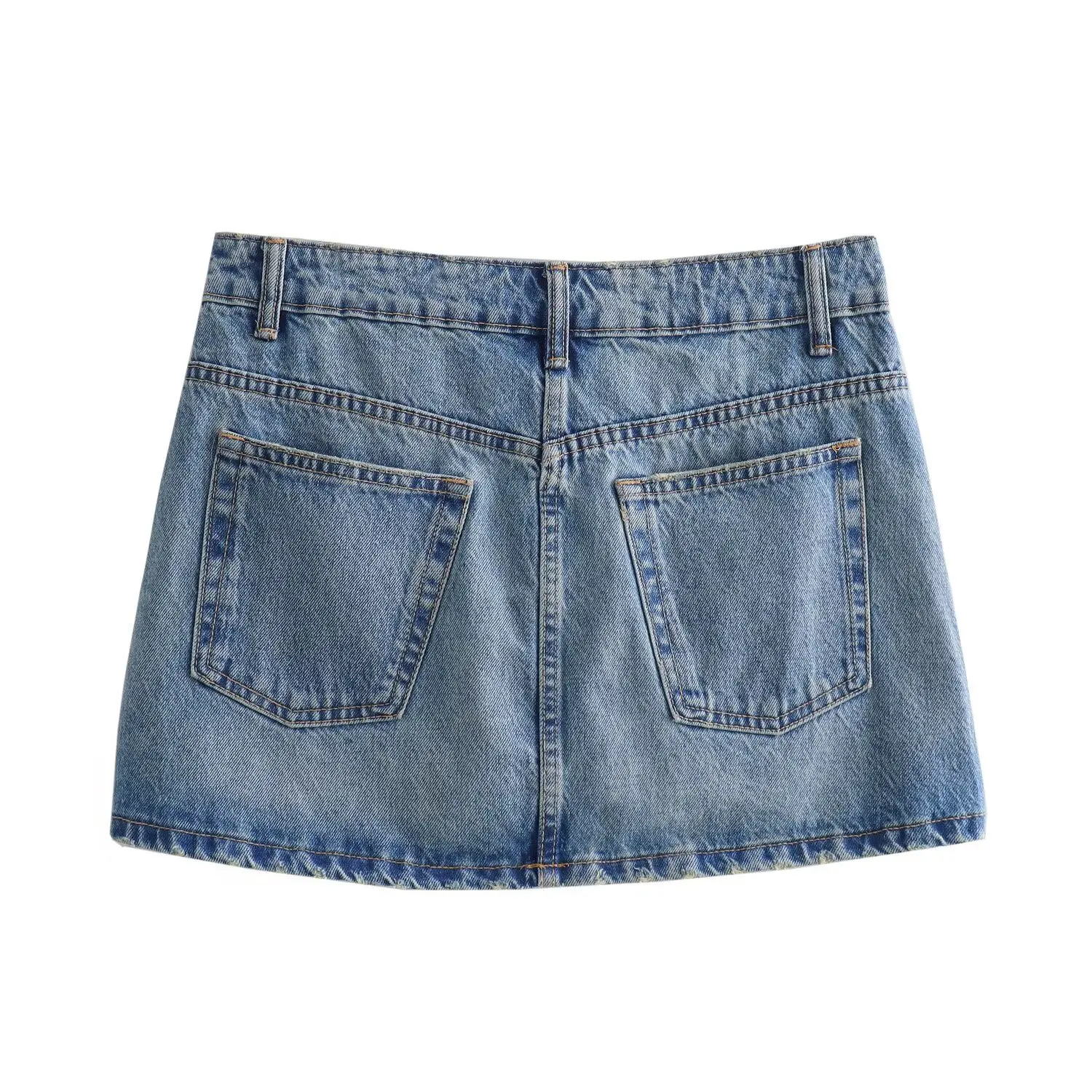 Rok Mini Denim wanita, bawahan ritsleting saku samping pinggang tinggi Retro mode kasual 2024