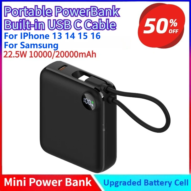 

New Portable PowerBank Built-in USB C Cable 10000/20000mAh PD 22.5W Fast Charging Power Bank for iPhone 13 14 15 16 for Samsung
