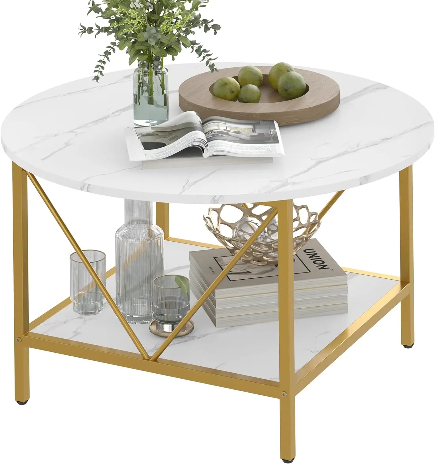 Round Coffee Table with Storage, Small Medium Table, 2 Tier, Modern Living Room, Faux Marble Tabletop, Decorative Cabinet