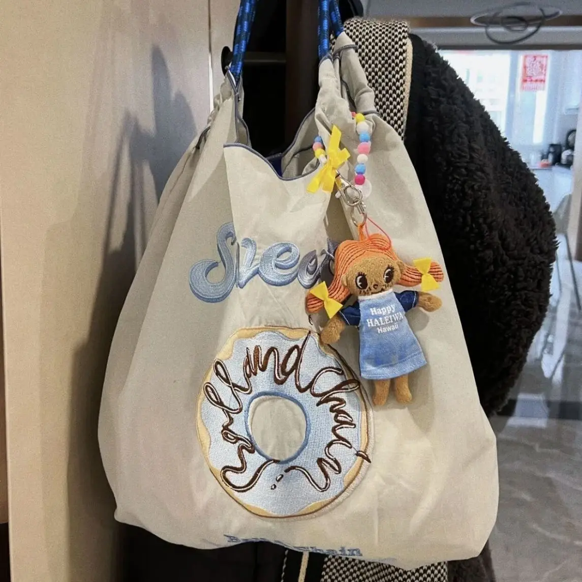 Bolsa de ombro feminina com letra estilo japonês donut, bolsa de compras de alta capacidade, nova, 2023