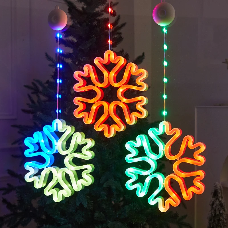 Warm/Multi-color Christmas Window Snowflake Lights, 8/12 Lighting Modes, Battery Powered LED Neon Hanging Lamp for Xmas Holiday