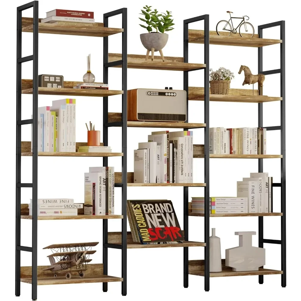 Bookcases and Bookshelves Triple Wide 5 Tiers Industrial Bookshelf with Baffles Large Etagere Bookshelf with Metal Frame