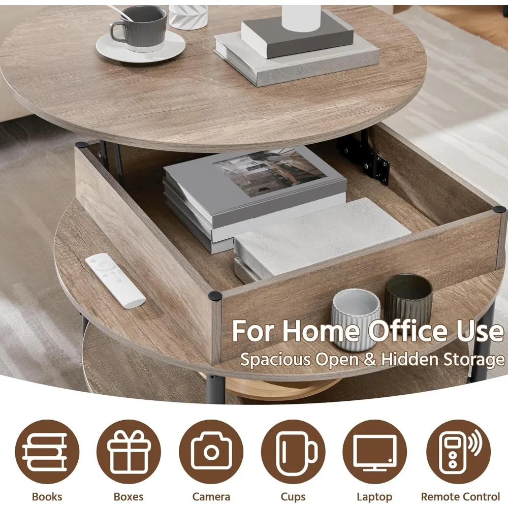 طاولة قهوة مستديرة قابلة للرفع مع حجرة مخفية ورف تخزين، طاولات مركزية لطاولة القهوة في المزرعة مقاس 31 بوصة، طبقتين صغيرة