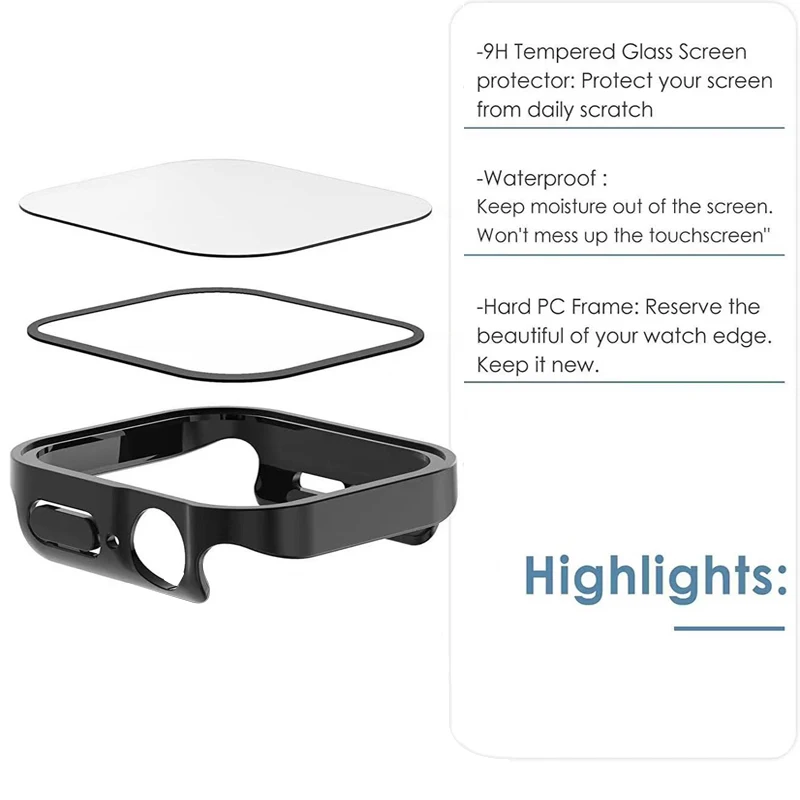 Cristal y funda para Apple Watch, funda protectora de pantalla de borde recto para iWatch 9, 8, 7, 6, 5, SE 4, accesorios de 45mm, 41mm, 44mm, 40mm