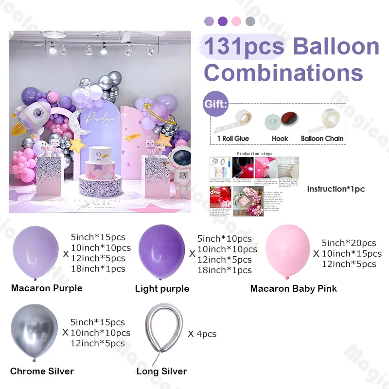 131pcs Aerospace Children's Birthday Party Background Decoration Balloon Purple and Pink Balloon wreath Arch Set for Baby Shower