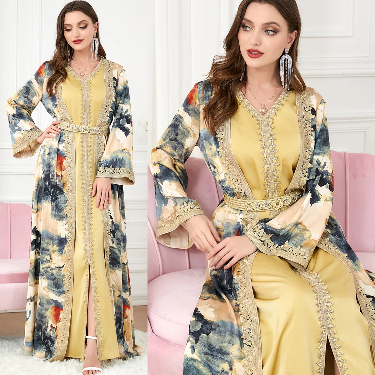 Elegant Floral Printed Guipure Lace Panel Belted Dress Luxury Two-piece Long Dresses Abayas For Women Muslim Sets Ramadan