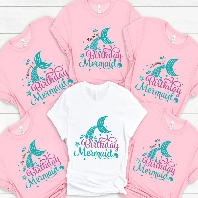 Mermaid Birthday Girls Family Matching Party T Shirts Fahion Mermaid Party T-shirts Family Outfit Casual Tops Short Sleeve Tees