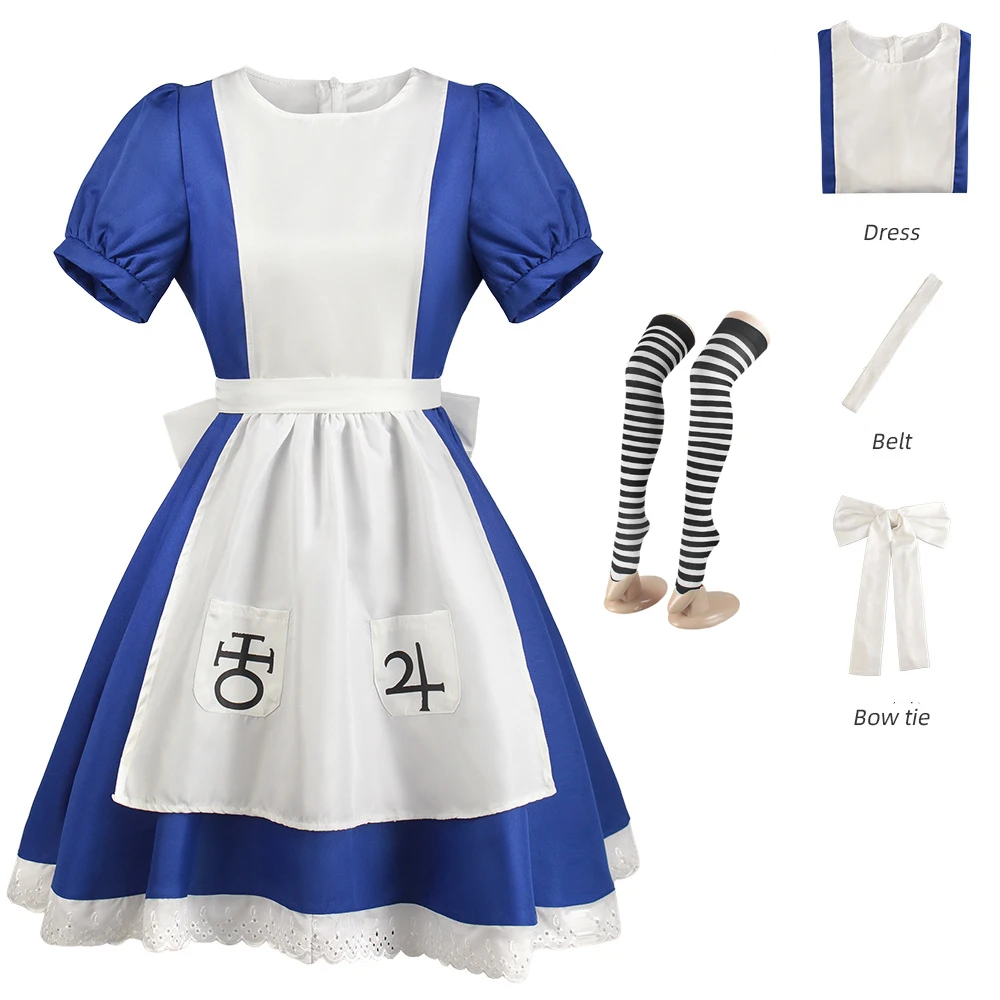أنيمي لعبة أليس الجنون يعود تأثيري حلي المرأة قصيرة الأكمام فستان خادمة مع المئزر الجوارب هالوين كرنفال ملابس للحفلات