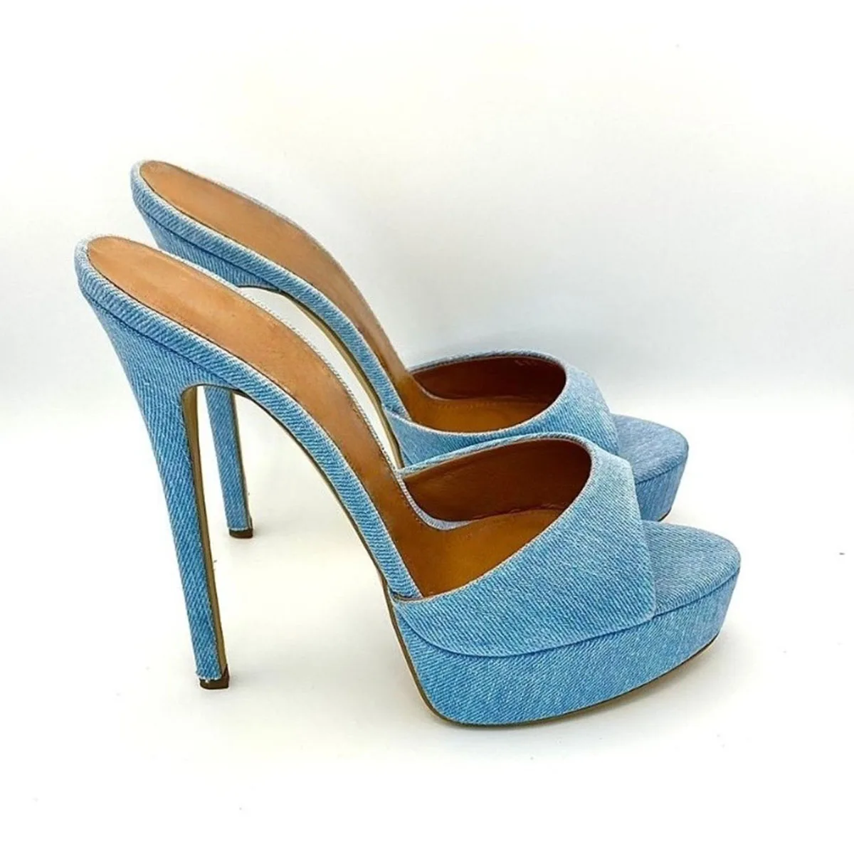 Arden Furtado Summer Blue denim Peep toe Slippers Round toe Platform Super high heel Word slippers Extra large size Modern Mules