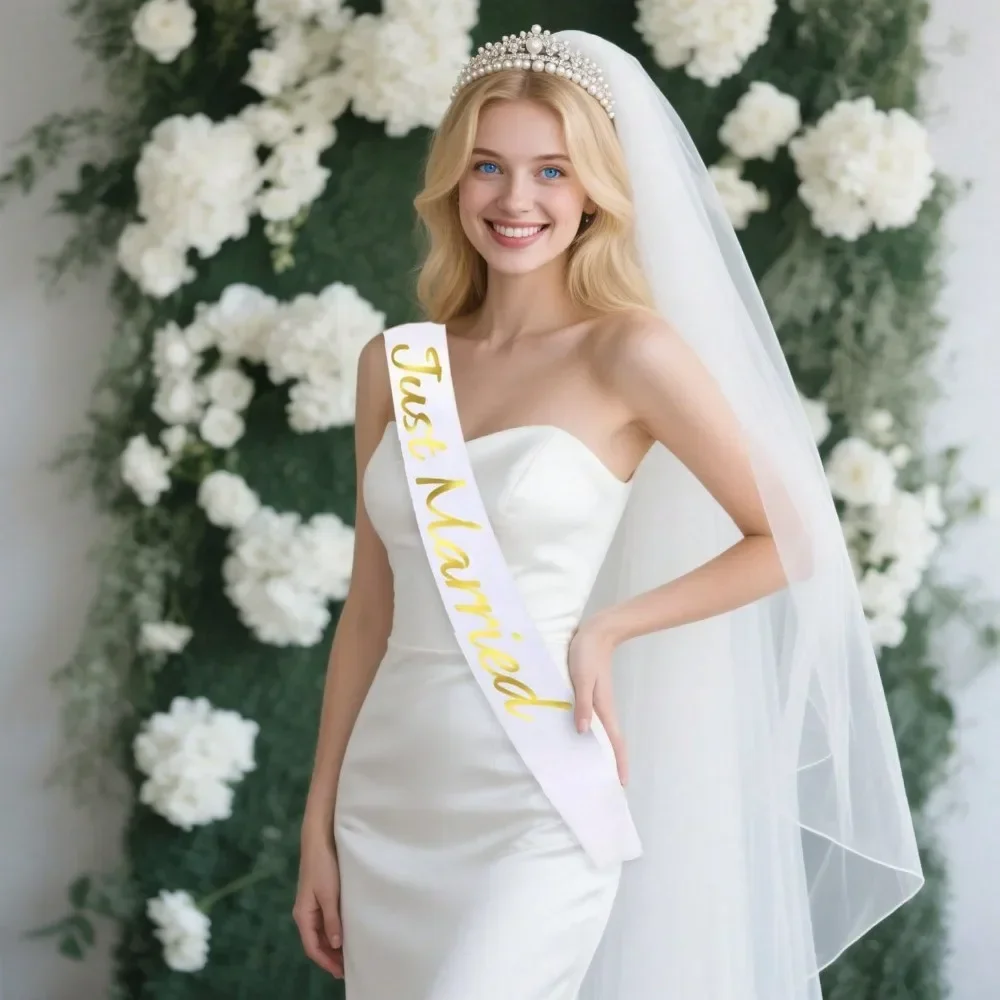 1/2Pcs Just Married White Sash, Silver Crown & Gold Letter Print, Perfect for Bachelorette & Wedding