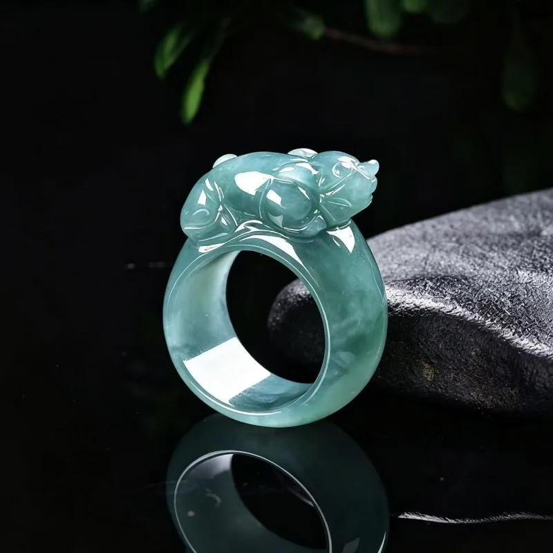Real Natural Emerald Burmese A Jade Blue Water Pixiu Ring Exquisite Amulets Jewelry Fashion Gifts for Women Men Certificate