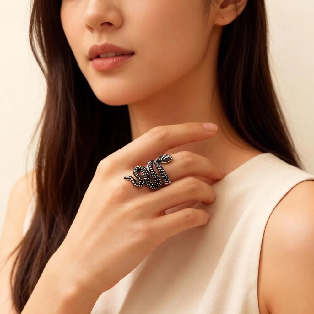 Open-end Black Snake Pave Ring,Europe Style Glam Fine Jewerly For Women Gift In 925 Sterling Silver