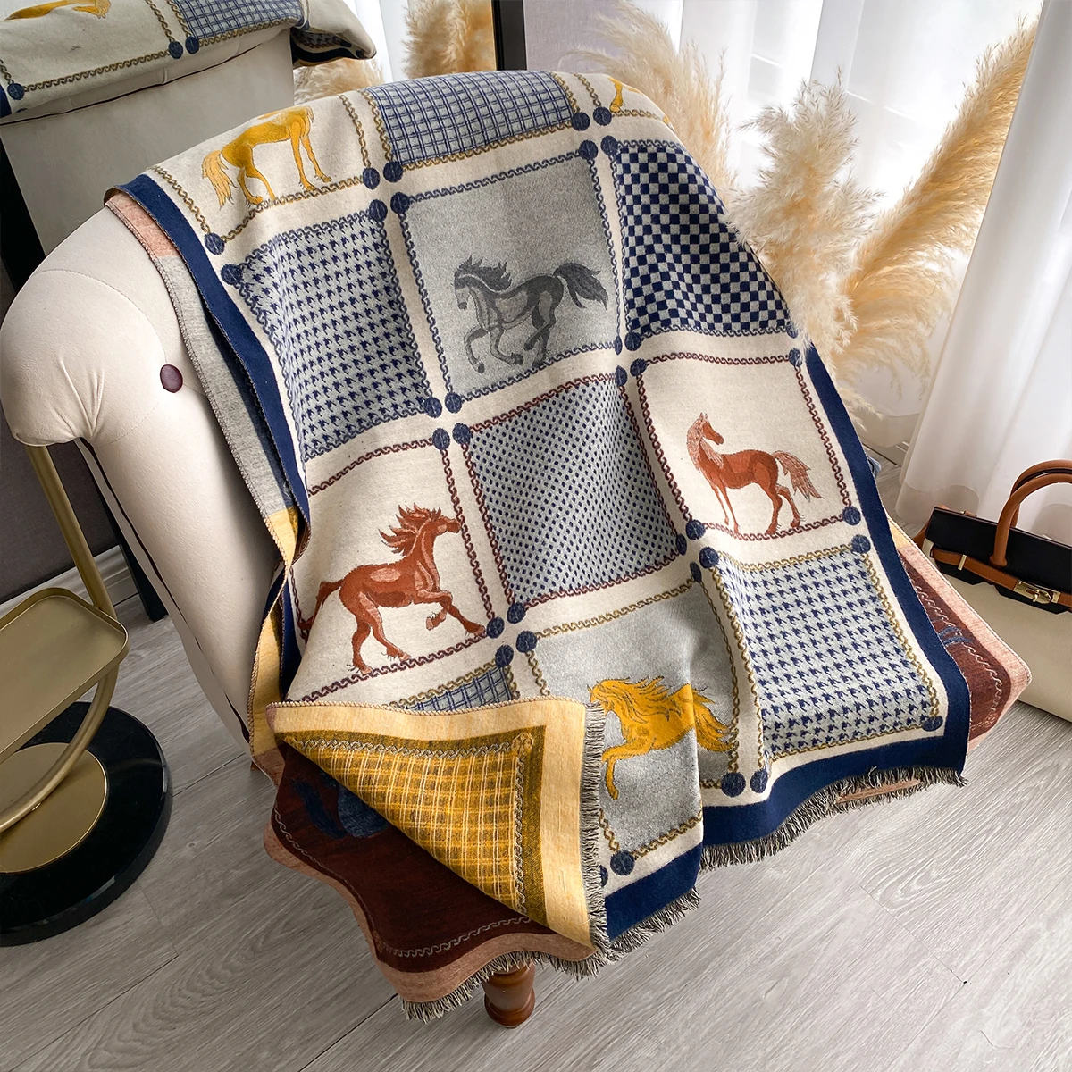 Neue Luxus Marke Zweiseitige Jacquard Schal Kaschmir Weiche Warme Fringe Pashmina Das Pferd Schal Winter Kältebeständig Winddicht Decke – Detail 16