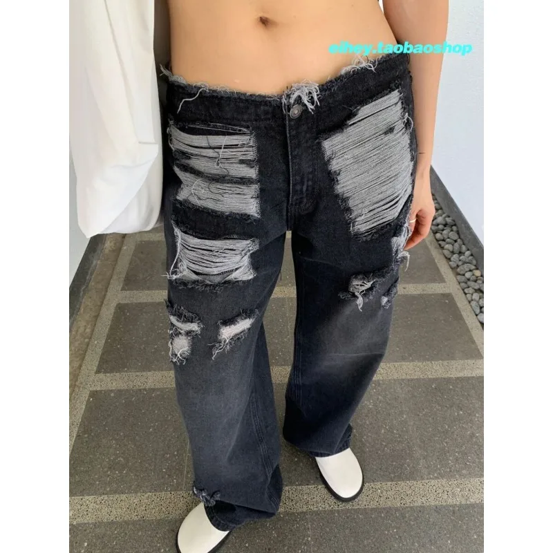 Korean Low Waist Ripped Holes Casual Denim Straight Pants Women 2024 Spring New Streetwear Loose All Match Washed Tassel Jeans