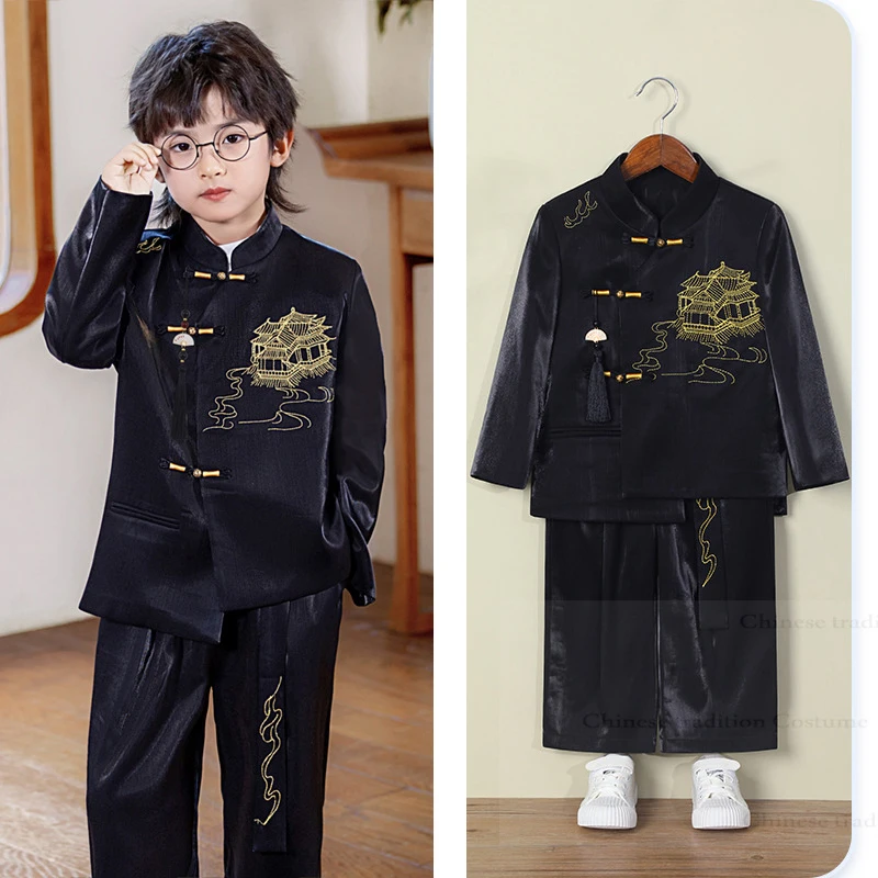 

New Chinese Style Tang Clothes Boys Child Hanfu Suit Embroider Mandarin Collar Qipao Top Pants Stage Performance Costume