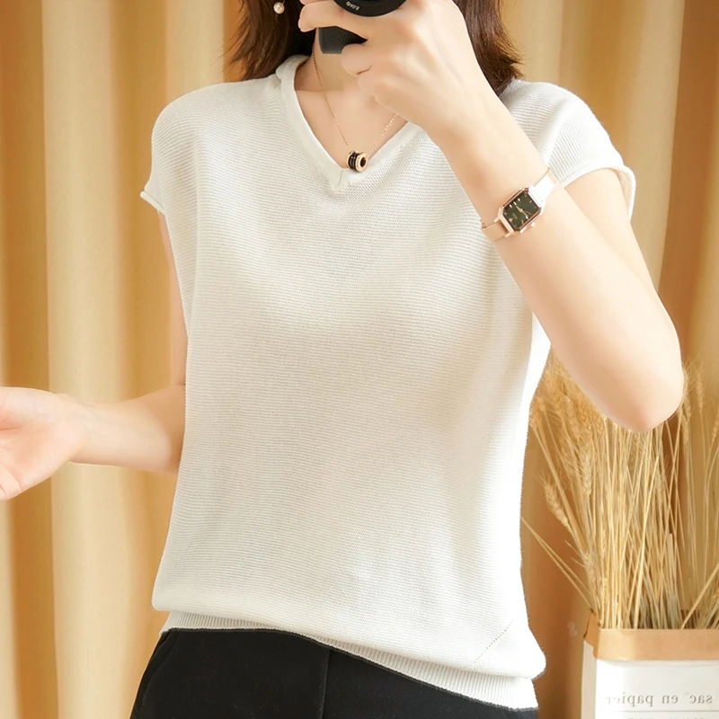 

Women's T-shirt Summer New 100% Cotton Knitted Short Sleeve Casual Solid Tees Loose Hooded Collar Tops Ladies Blouse