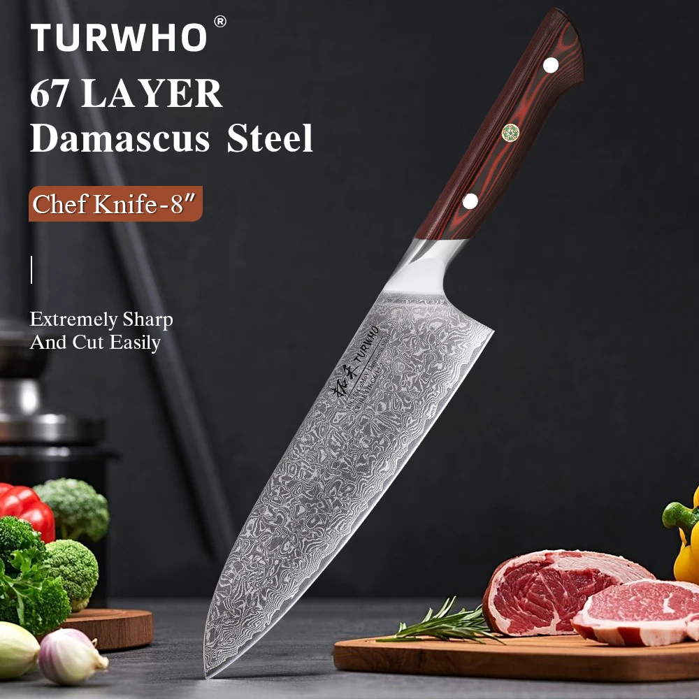 TURWHO 8 Zoll Profi-Kochmesser, japanischer 67-Lagen-Damaststahl, scharfe Schneidemesser für Fleisch und Gemüse, Küchenmesser, Kochwerkzeuge
