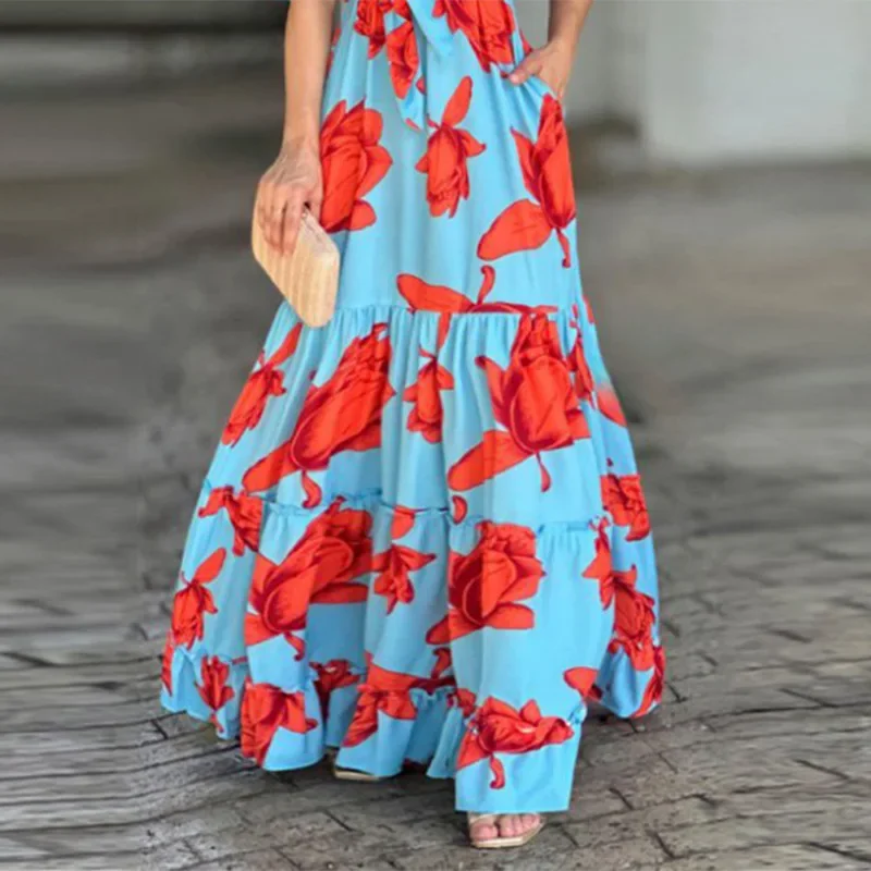 Abiti lunghi con stampa floreale Abito da donna con volant con spalle scoperte Abito ampio a vita alta da sposa Elegante estate Sexy Party Boho Vestidos