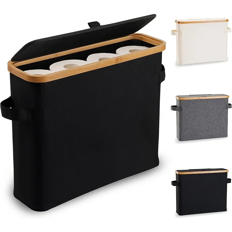 

Bamboo toilet paper holder with lid - Self-contained bathroom organizer with handle, enclosed tissue box Toilet paper stand