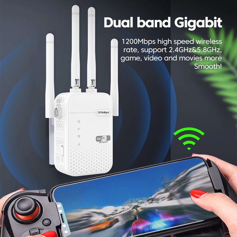 300Mbps/1200Mbps Wireless WiFi Router Extender Dual-Band 2.4G 5G Wifi Repeater Amplifier 150M Long Range Signal Extender Booster