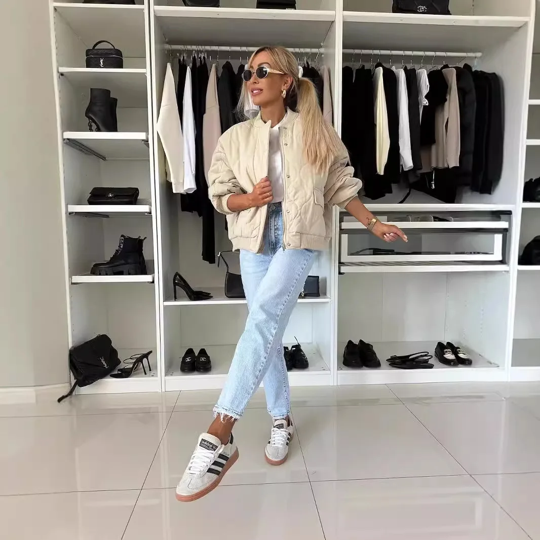 خريف شتاء جديد متعدد الاستخدامات بلون المرأة سترة بأكمام طويلة زر عادية سستة معطف القطن الإناث