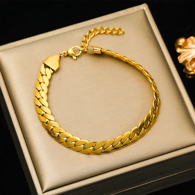 EILIECK 316L Edelstahl Metall Goldene Flachketten-Halskette Armband-Set für Damen, Texturierter Trendiger Wasserfester Schmuck Geschenk – Detail 14