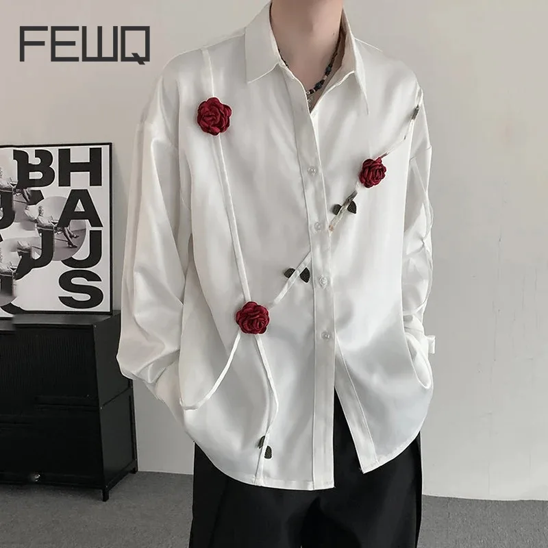 

FEWQ Autumn Niche Rose Casual Loose White Acetate Loose Men's Long Sleeved Shirt 2024 Turn-down Collar Tops Fashion 24E5125