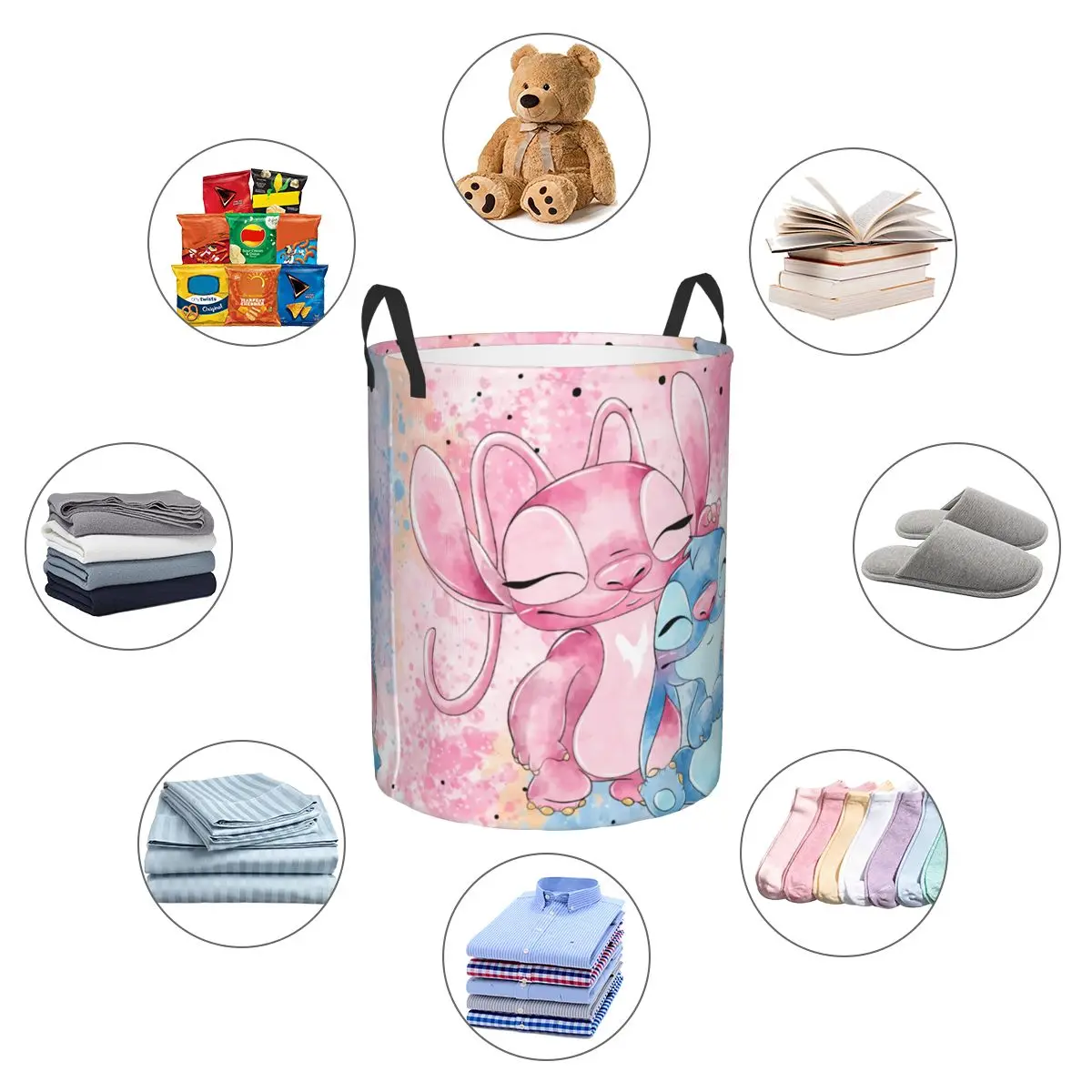 Custom Stitch And Angel In Love Anime Laundry Basket Collapsible Large Capacity Clothes Storage Bin Adventure Film Baby Hamper