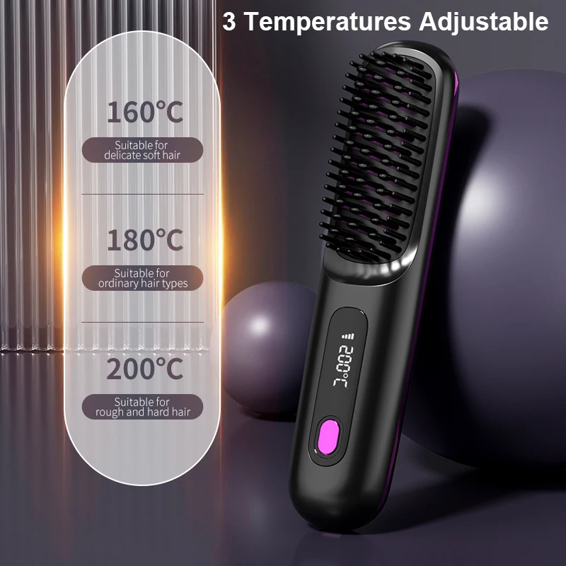 Cordless Electric Hair Straightener Comb On-the-go Type-C Ionic Care Anti-Scald Ceramic Hair Styling Straightening Brush Curler