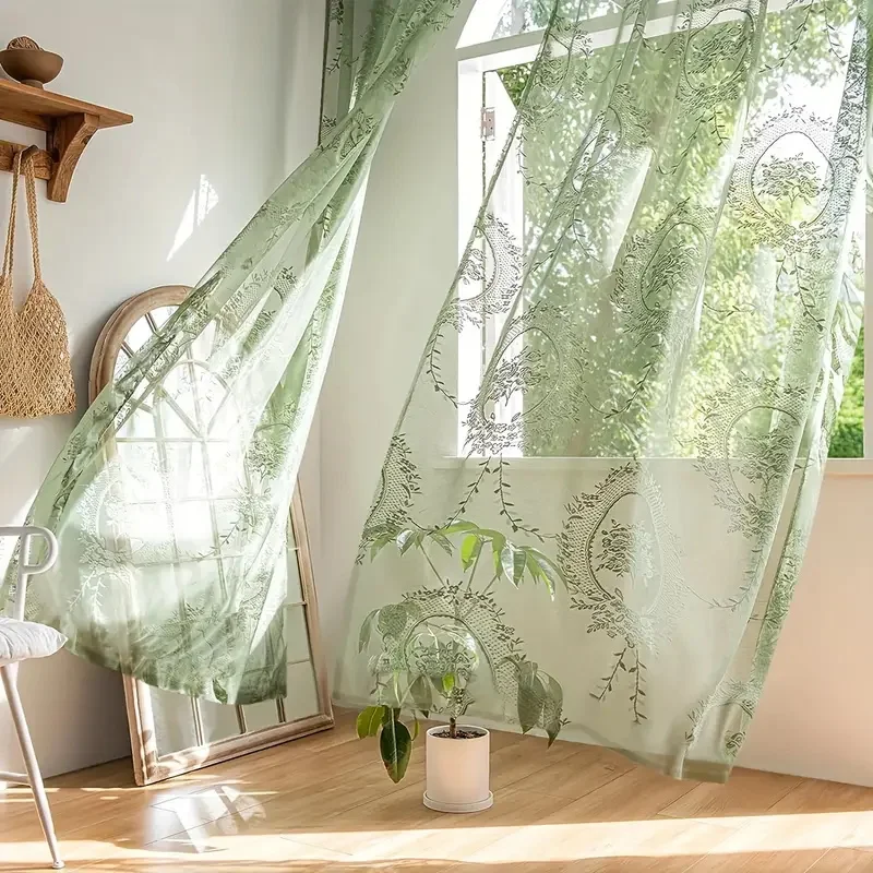 A Piece of Chinese-Style National Flower Design Lace Trim Green Curtain, Featuring a Mirror Peony Flower Design That Exudes a Sense of