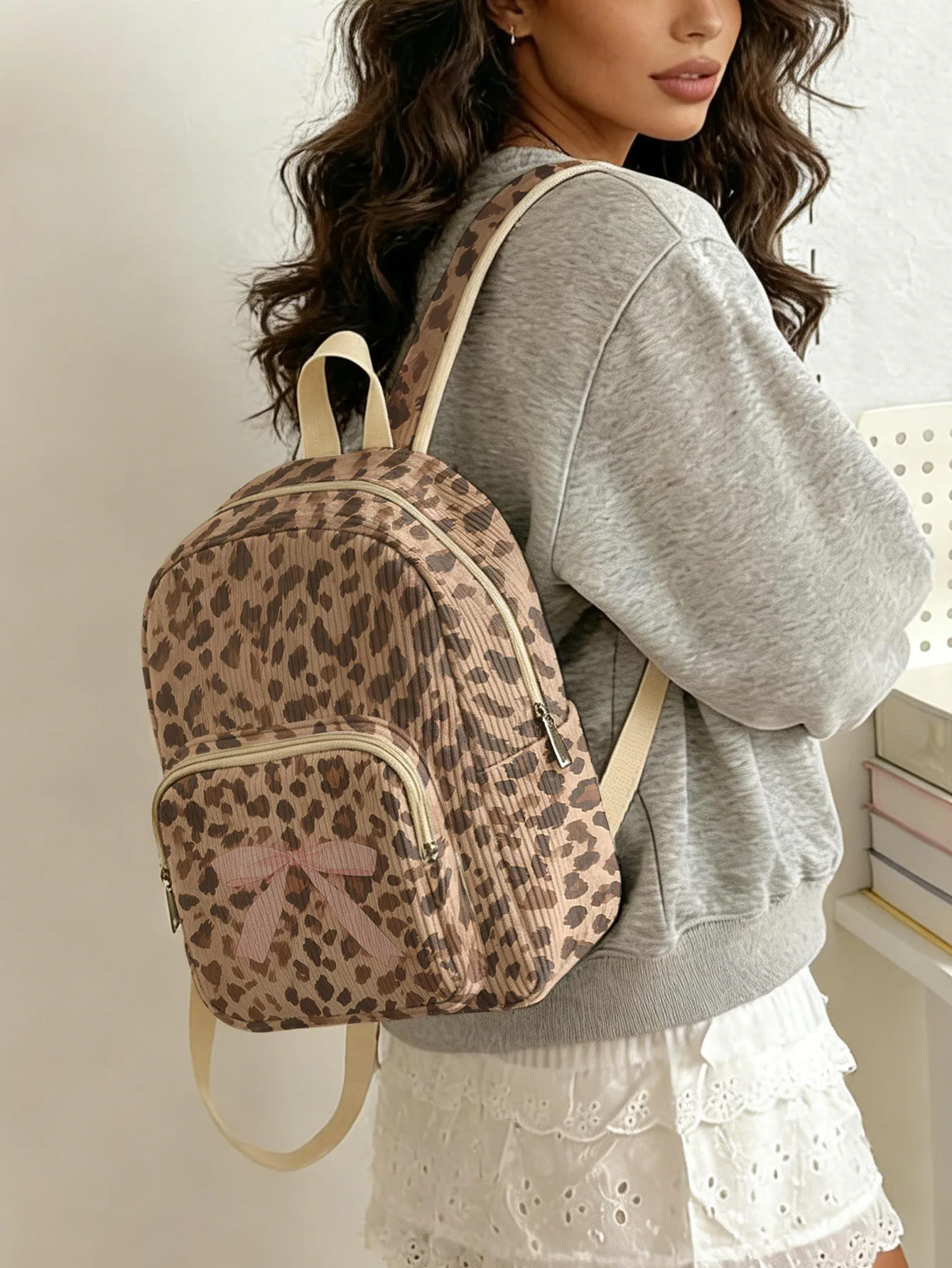 Leopard Print Pink Bow Decor Fashion Backpack Corduroy Multi-pocket Large Capacity Daily School Backpack