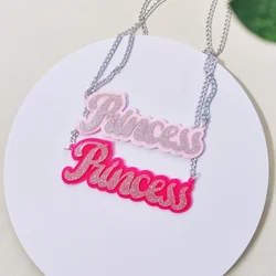KUGUYS Glitter Letter PRINCESS Statement Pendant Necklace for Women Hot Pink Acrylic Cute Accessories Fashion Jewelry