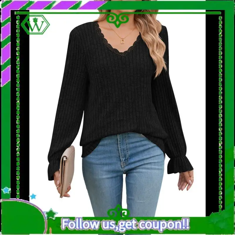 A18P-Long Sleeve Tops For Women Loose Fit Dressy Lace V Neck Casual Trendy Tops To Wear With Leggings Fall Fashion