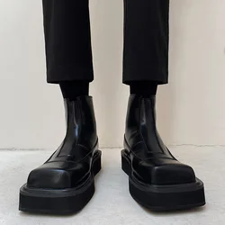 Retro square toe Chelsea boots, men's thick soled black zippered short boots, Mading boots with a height increase of 4CM