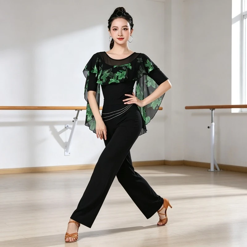 

Latin Professional Dance Wear Slim-Fit Latin Dance Top Women Round Neck Ballroom Samba Performance Fashionable Adult Dancewear