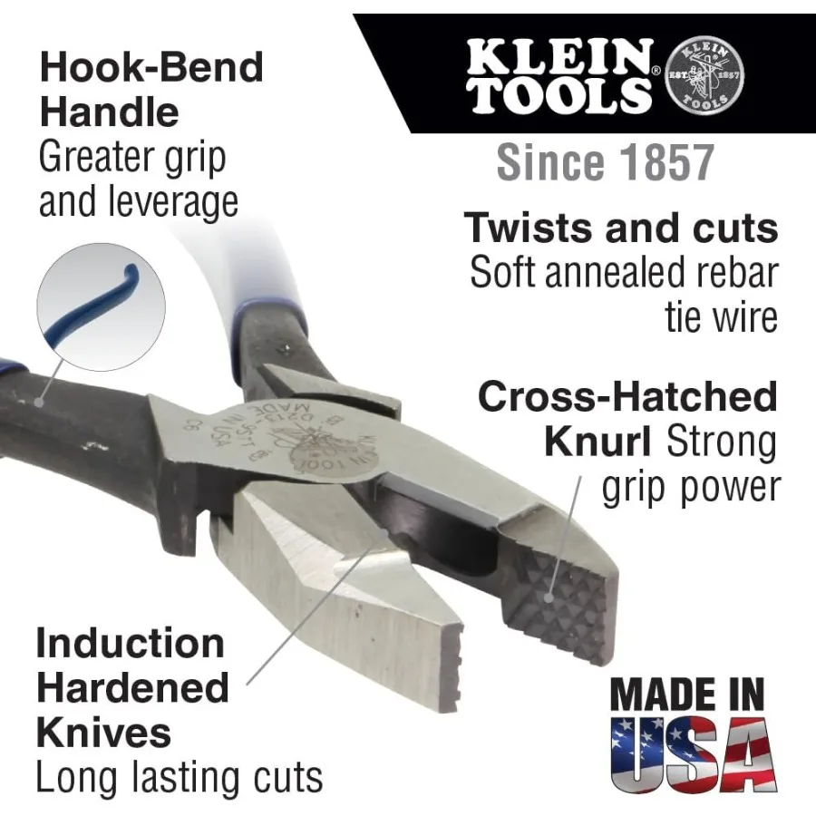 Klein Tools 201-7CST Rebar Work Pliers with Spring-Loaded Action Induction Hardened Knives and Handle Tempering