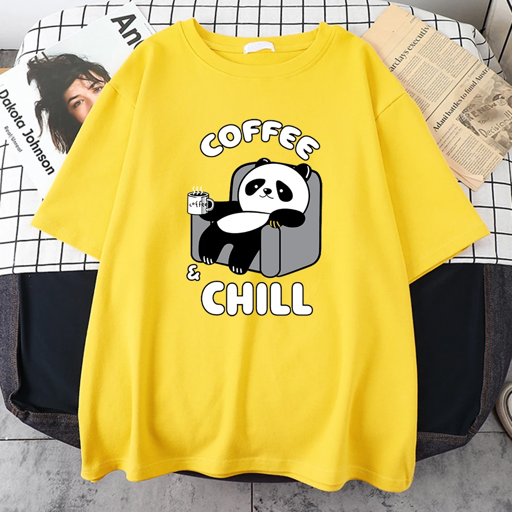 Coffee And Chill Kawaii Panda Male T-Shirts Cotton Designer Short Sleeveoutdoor Harajuku Streetwear Comfortable Street Tees Men