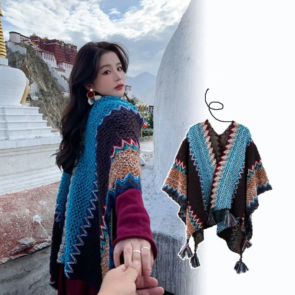 

Coat Scarf Bohemian Styles Women Tassel Shawl Splicing Ethnic Style Knitted Cape Rhombic Stripe Retro Mongolian Poncho Tourism