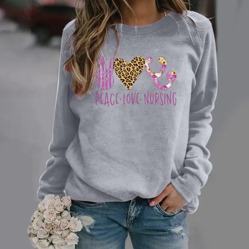 Love Pattern Printed Long-sleeved Crew-neck Hoodie Woman Sweatshirt Clothes Streetwear Women Sweatshirts