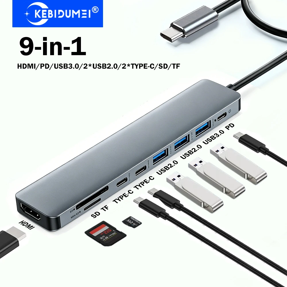 

KEBIDUMEI 9-in-1 USB HUB USB C Docking Station USB 3.0 Hubs 5Gbps Transmission TYPE-C to 4K HDMI Adapter USB Splitter for Laptop