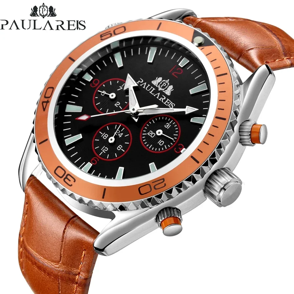 Men Automatic Self Wind Mechanical Orange Blue Black Leather Rubber Stainless Steel Strap Classic Watch