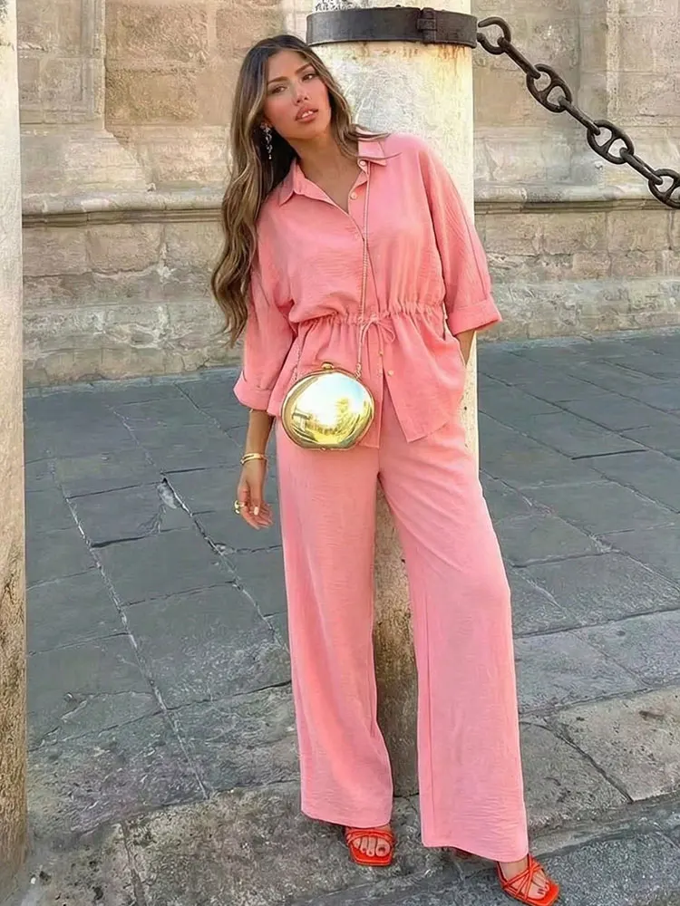 HH Women Fashion Pant Suit Lace Up Blouse Kimono Shirt Top Elastic Waist Wide Leg Pant Spring High Street Chic Sets image 4