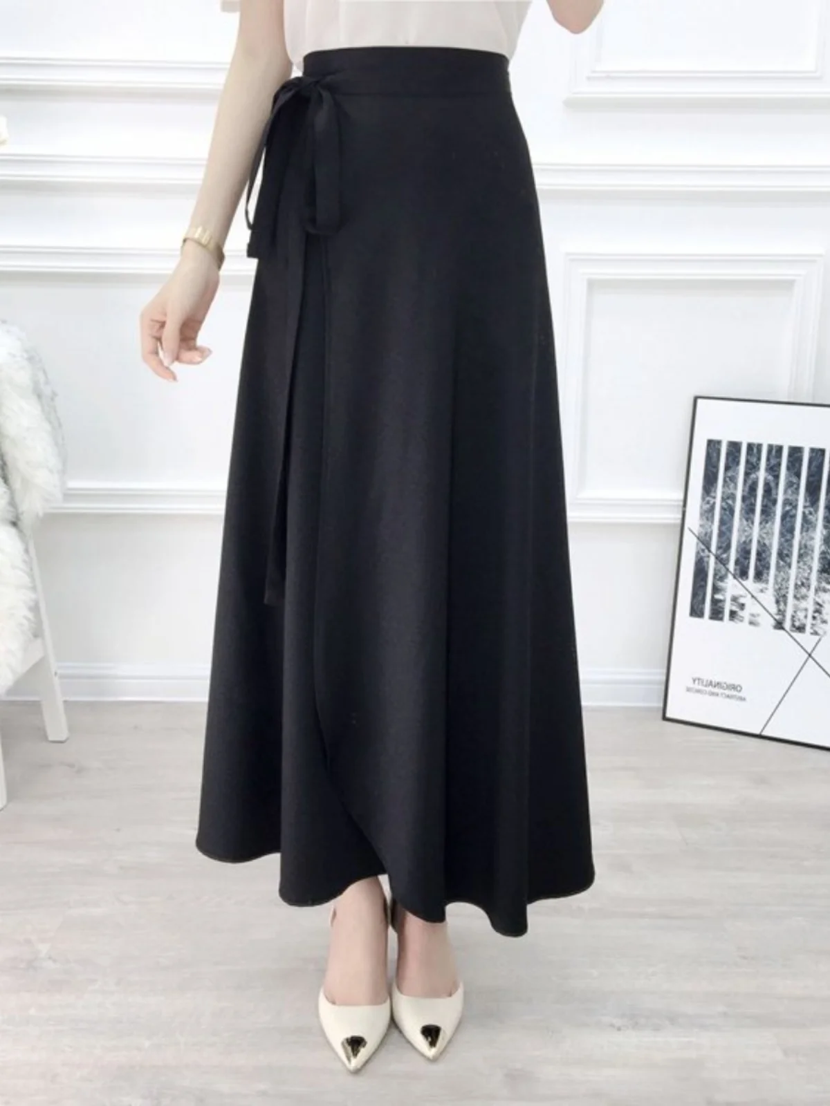 

Korean Sle High Waist Asymmetrical Beach Wrap Skirt for Women Summer Midi A-Line Skirt with Belt Pure Color